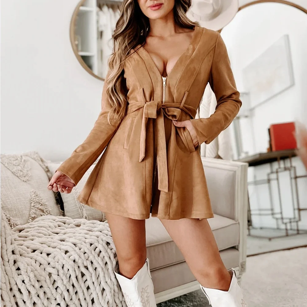NWT Windsor M Taupe Tie-Waist Jacket / faux suede dress camel tan - Picture 1 of 6